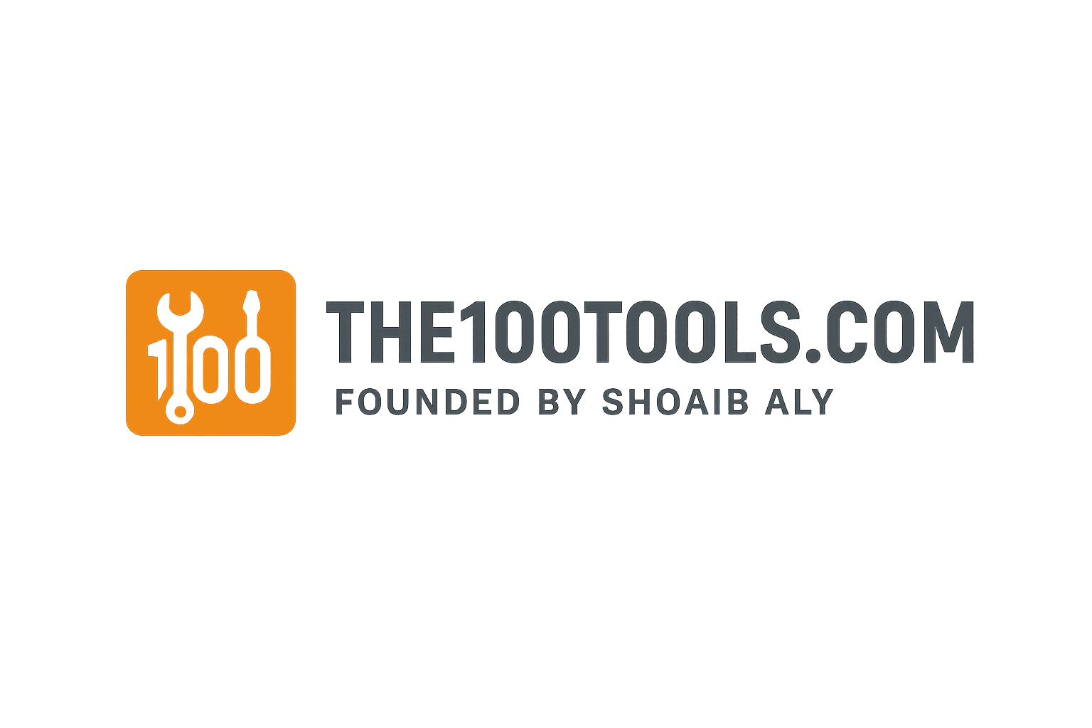 Logo for "The100Tools.com" founded by Shoaib Aly. It features an orange square icon with a white "100" stylized using a wrench and screwdriver. To the right, the website name appears in bold, uppercase blue text, with "FOUNDED BY SHOAIB ALY" written below in smaller blue letters on a white background.